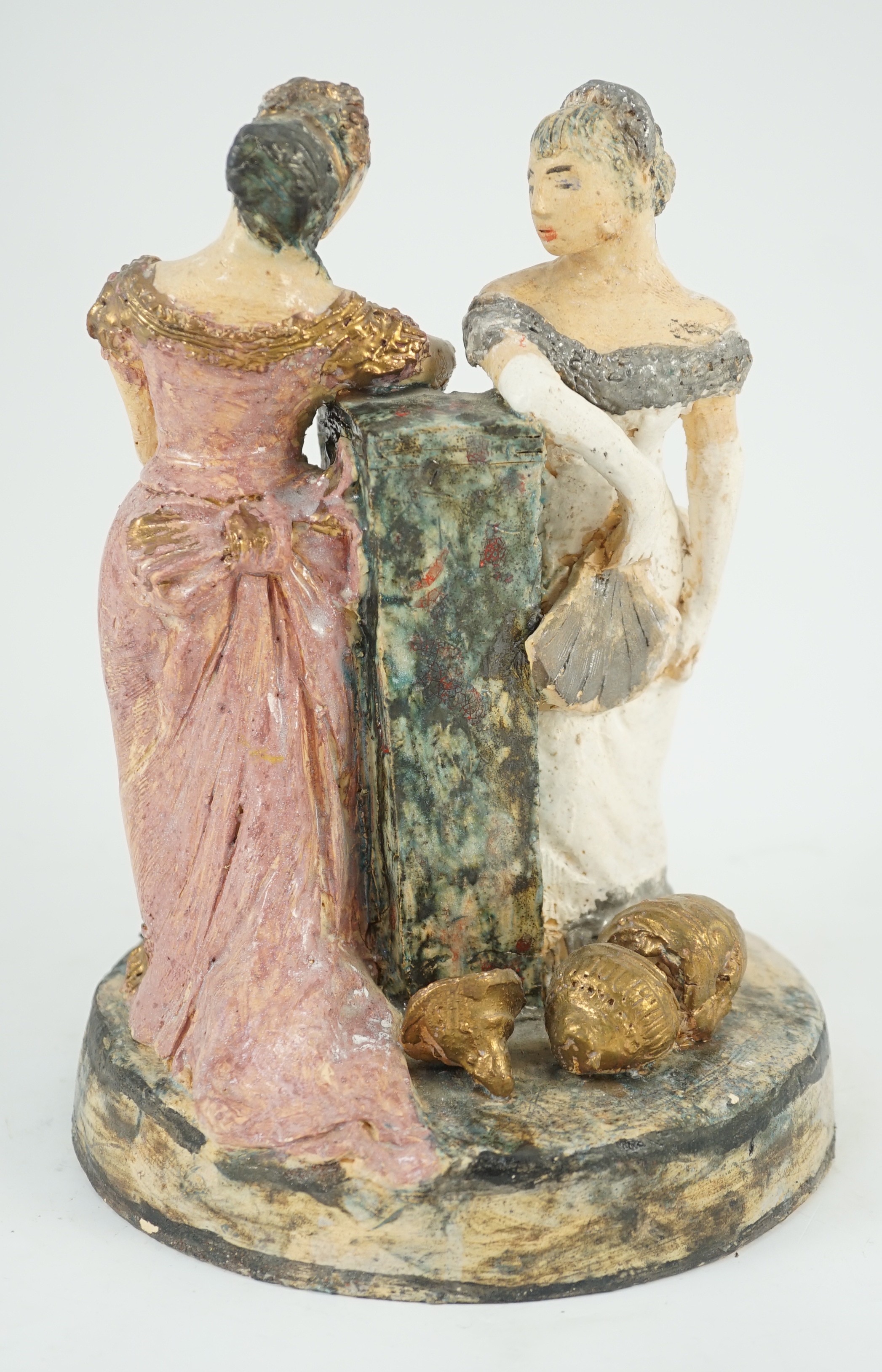 Quentin Bell (1910-1996). A studio pottery group of two women in ballgowns, 25.5cm high